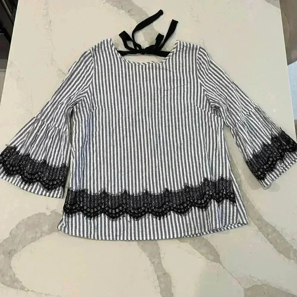 Promesa Striped Bell Sleeve Lace Blouse V Back Women’s Size Large - Picture 1 of 6
